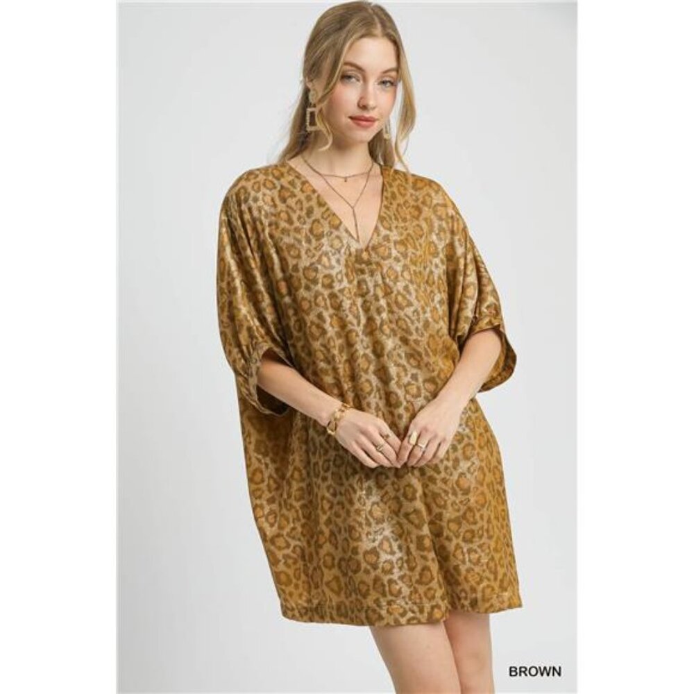 Umgee Metallic Leopard Print‎ V-Neck Kimono Dress